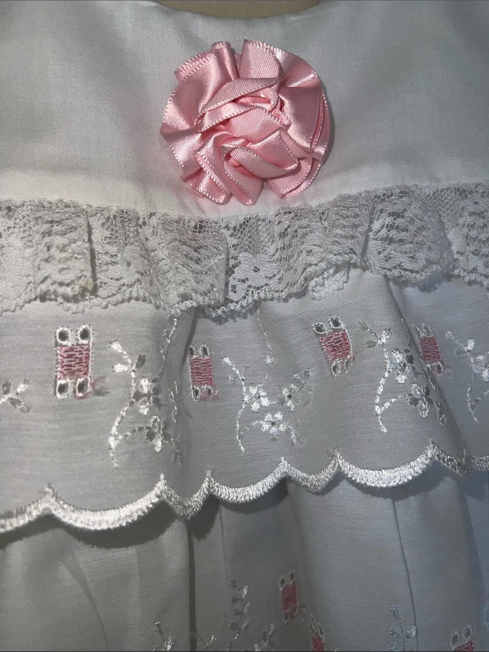 Vintage White Embroidered Tiered Baby Dress with Pink Rosette - Picture 2 of 6